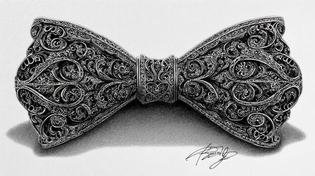 Intricate drawing of an ornate bow tie with detailed floral patterns photo