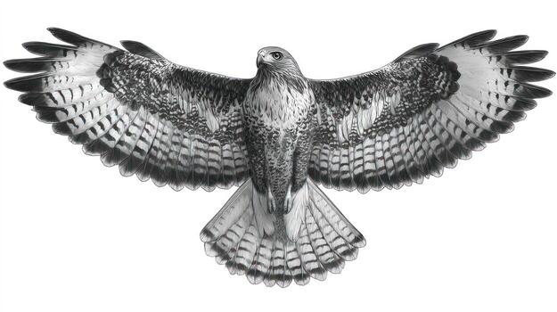 Hawk in flight, spread wings, feathers visible in detail, monochrome, bird's eye photo