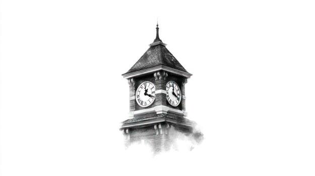 Sketch of a clock tower top with two clock faces under a pyramidal roof photo