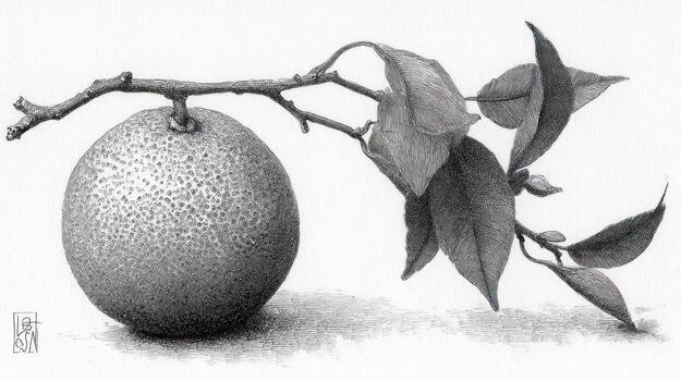 Graphite drawing orange hanging on branch with leaves, light background photo