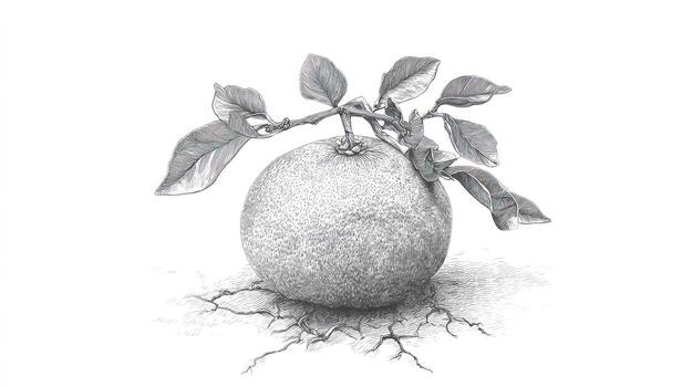 Gray-scale fruit grows leafy branch, root-like shadows, fine detail illustration photo