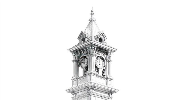 Elaborate, monochrome clock tower sketch against a stark white background photo
