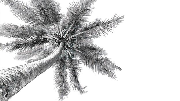 Low angle, monochrome palm tree with feathery fronds against white sky photo