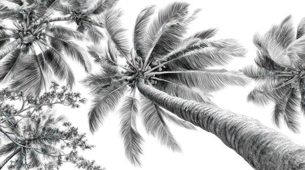 Palms seen from below, artistic rendition, grayscale, stylized foliage photo
