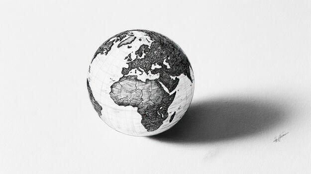 Detailed monochrome globe drawing casting soft shadow on a white surface photo