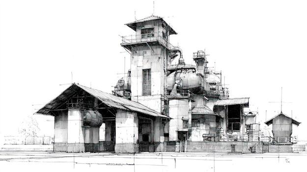 Detailed sketch of industrial building with tanks, structure, and observation tower photo
