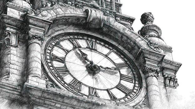 Detailed sketch of a clock tower with ornate Roman numeral face photo