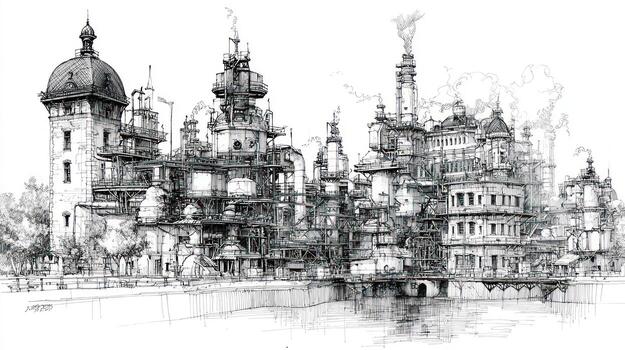 Complex cityscape sketch with towers, domes, and intricate pipework photo
