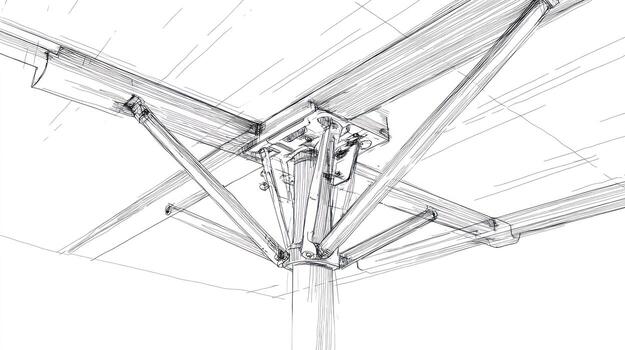 Detailed sketch umbrella's mechanism, showing metal joints and supporting arms photo