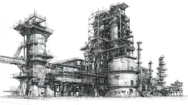 Complex industrial structure drawing with towers, pipes, and scaffolding photo
