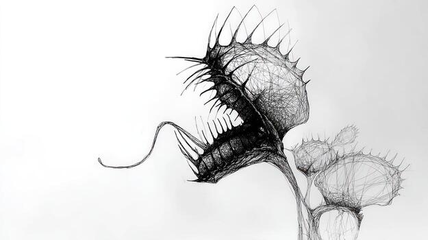 Venus flytrap sketch textured, open trap with smaller ones, delicate lines photo