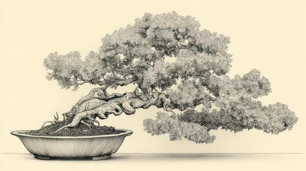 Detailed sketch of a leaning bonsai tree in ceramic pot against light background photo