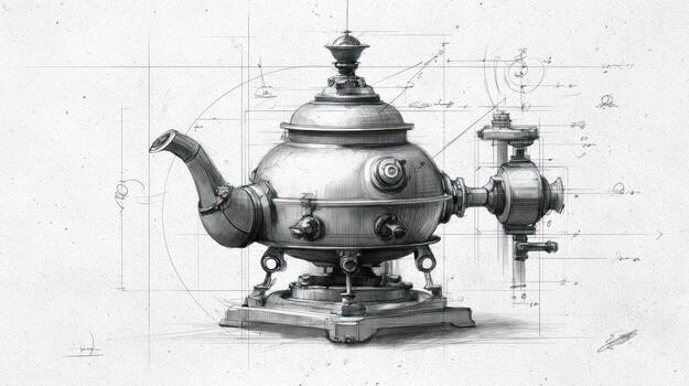 Steampunk teapot illustration with detailed mechanical design on grid background photo
