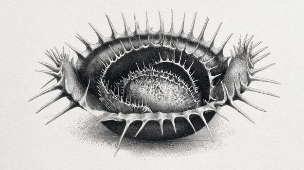 Surreal spiky organic form resembling a seed pod, monochrome drawing photo