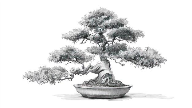 Detailed monochrome drawing of a bonsai tree in a shallow pot photo