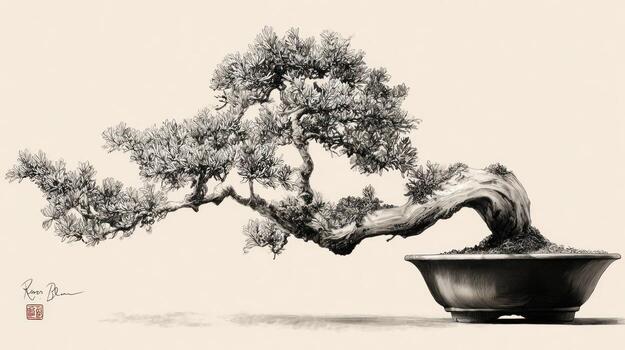 Elegant grayscale bonsai tree art, curved trunk in ceramic pot photo