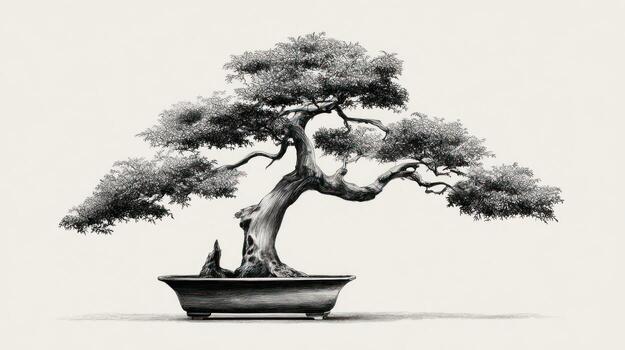 Elegant bonsai tree in a pot, intricate branch detail, subdued grayscale tones photo