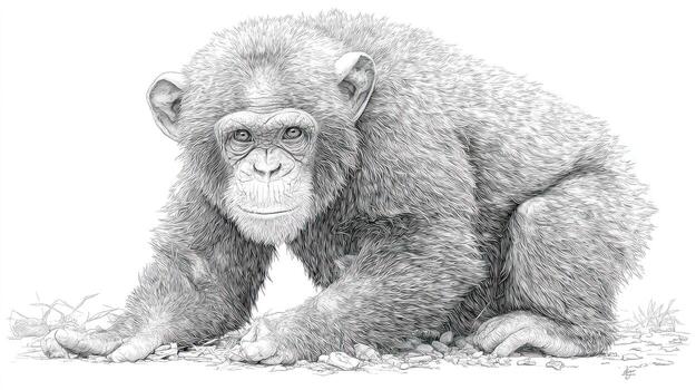Pencil drawing of a chimpanzee in a crouched position photo