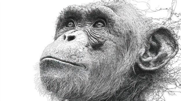 Detailed monochrome rendering of a chimpanzee head with textured background photo