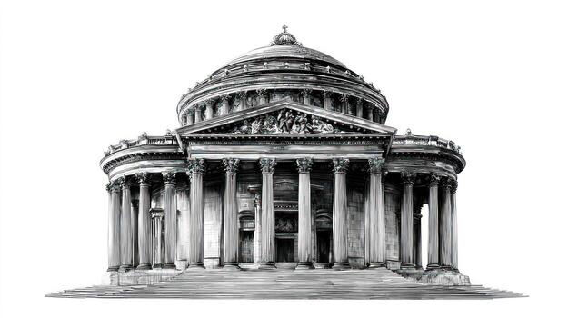 Classic architecture domed building with columns, sketched in shades of gray photo