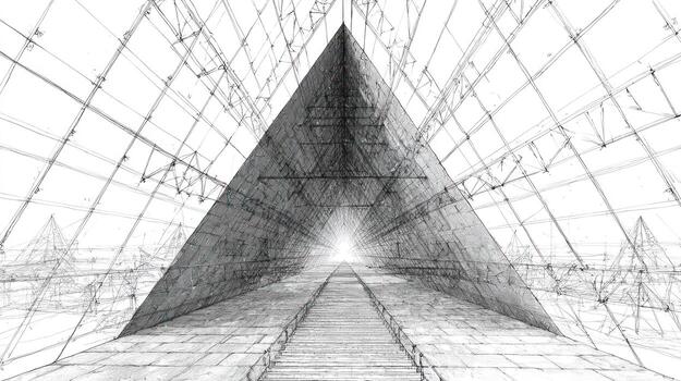 Perspective view a pyramid hallway, constructed of light framework, drawing photo