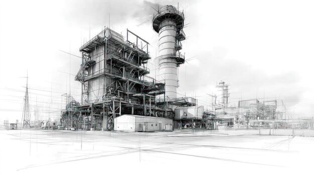 Industrial complex drawing with a tall cylindrical structure and gridded lines photo