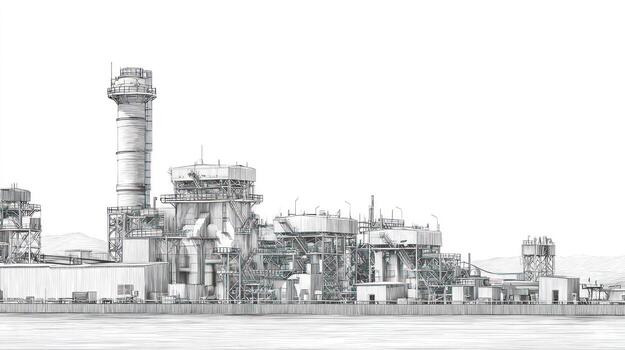 Industrial complex with tall smokestack, rendered in monochrome pencil sketch photo