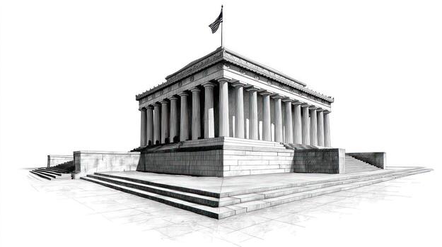 Monumental building with columns, flag, steps, and stark grayscale perspective photo