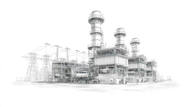Detailed sketch of a power plant with towers against a stark white backdrop photo