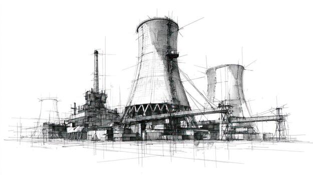 Sketch of a sprawling industrial complex with tall cooling towers photo