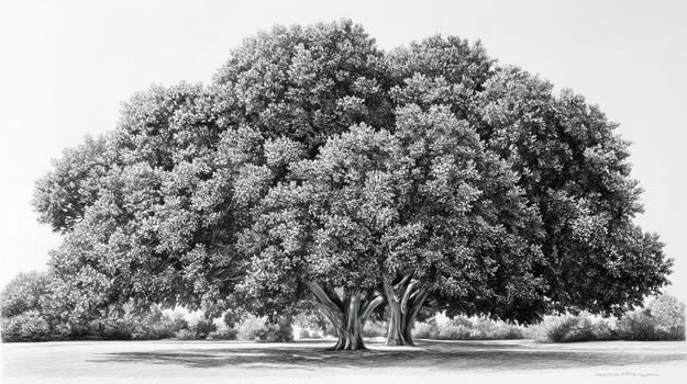Detailed monochrome drawing of a large, mature, leafy tree on light background photo