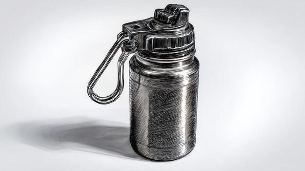 Metal container with attached loop resting on bright surface photo