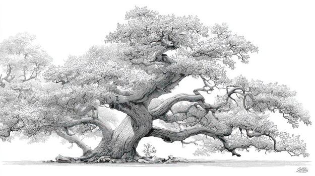Detailed monochrome drawing of a gnarled, large tree with broad canopy photo