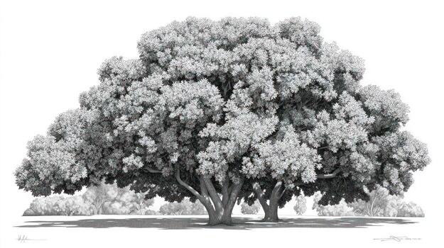 Dense, bushy tree with intricate leaves casting a shadow, grayscale image photo