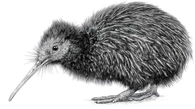 Detailed sketch of a kiwi bird standing, head turned, beak extended photo