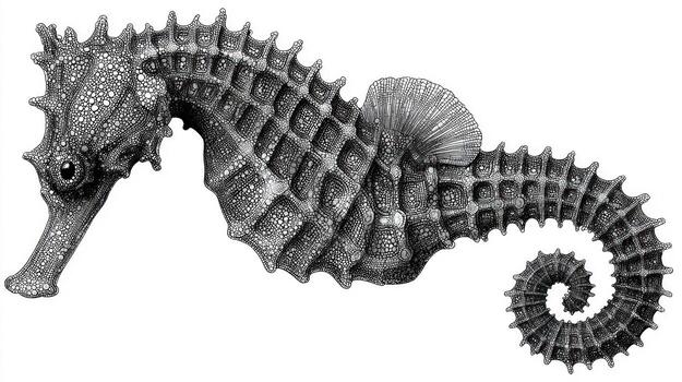 Intricate, detailed grayscale drawing of a seahorse with a curled tail photo