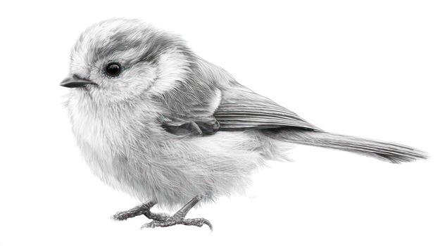 Monochrome image of a fluffy bird standing sideways photo