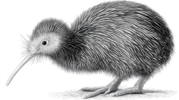 Pencil sketch of a flightless kiwi bird standing on a light surface photo