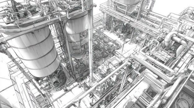 Sketch of complex industrial refinery with tanks, pipes, and platforms photo