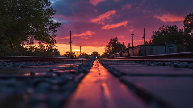 Sunset over railway tracks. Low angle view of railway tracks at sunset photo
