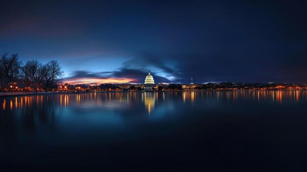 Panoramic Capitol Building at dawn reflected in the water photo