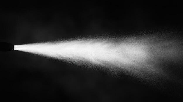 A spray of white mist emanating from a dark nozzle against a black background photo