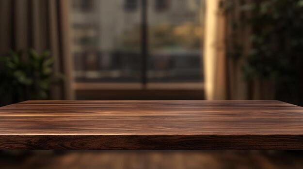 Empty wooden table in front of a blurred window photo
