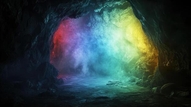 Cave interior lit with colorful smoke photo