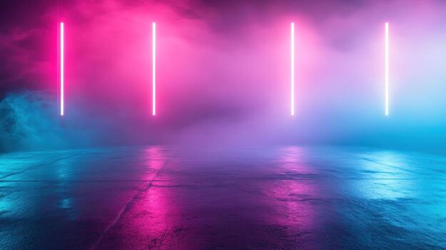 Neon glow on a wet concrete floor photo