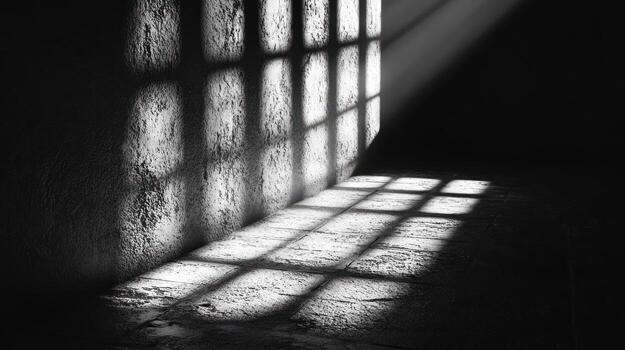 A shadowy room with light streaming through barred windows photo