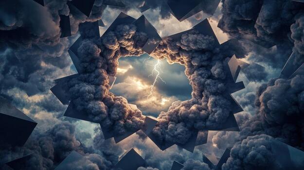 Abstract geometric shapes surrounding a cloudy opening with a flash of lightning photo