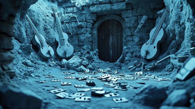 Ancient cave chamber filled with musical instruments and debris photo