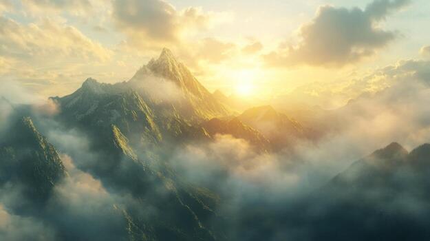 Majestic mountain range shrouded in clouds at sunset photo