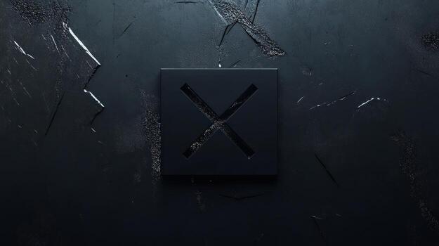 Dark, textured surface with a black square containing a large X photo